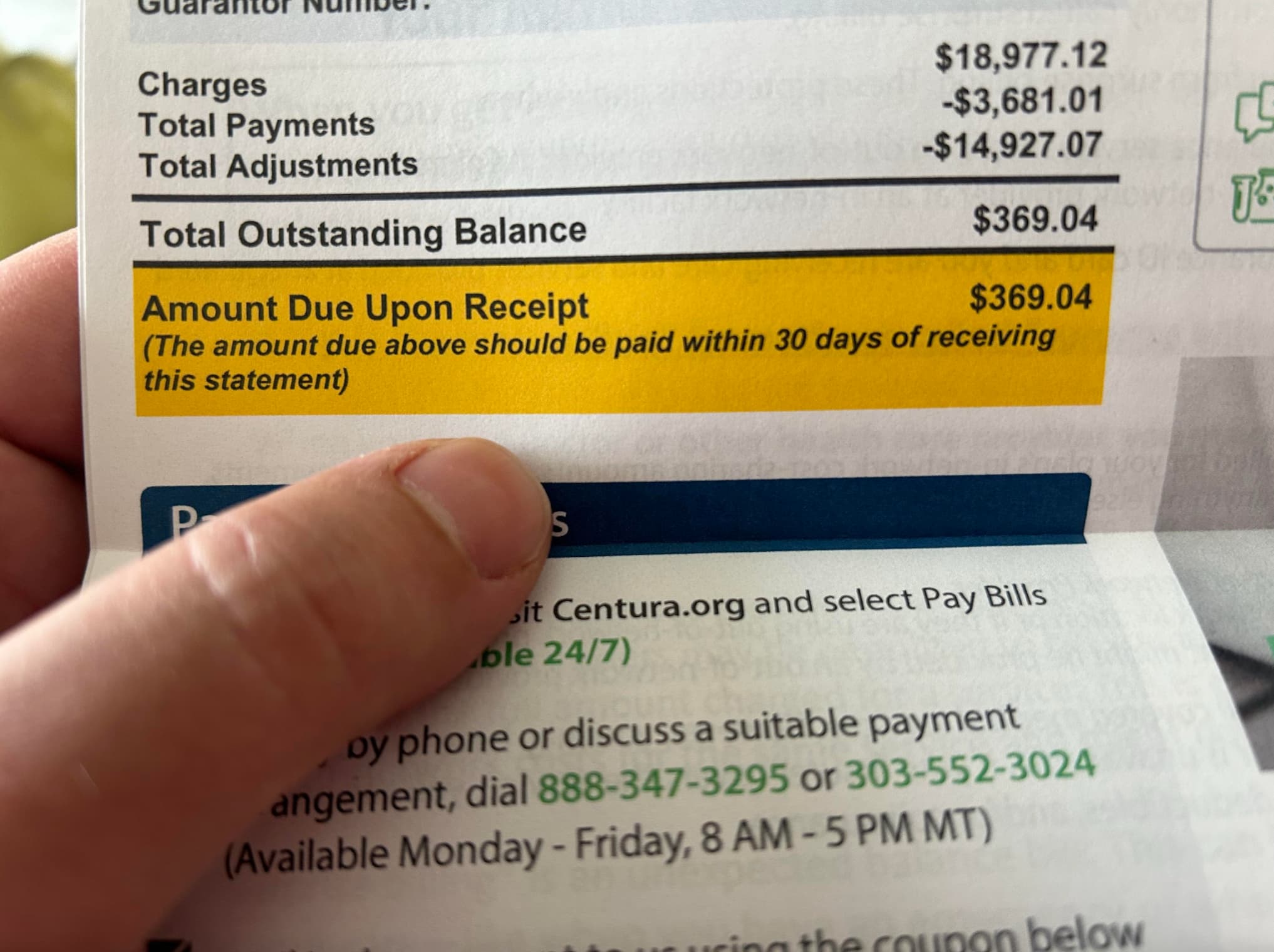 document - Charges Total Payments Total Adjustments Total Outstanding Balance Amount Due Upon Receipt $18,977.12 $3,681.01 C $14,927.07 $369.04 T'S $369.04 The amount due above should be paid within 30 days of receiving this statement P S sit Centura.org 